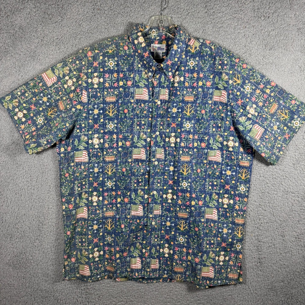 Reyn Spooner Mens XXL Hawaiian Shirt American Flag Floral Blue Button Down